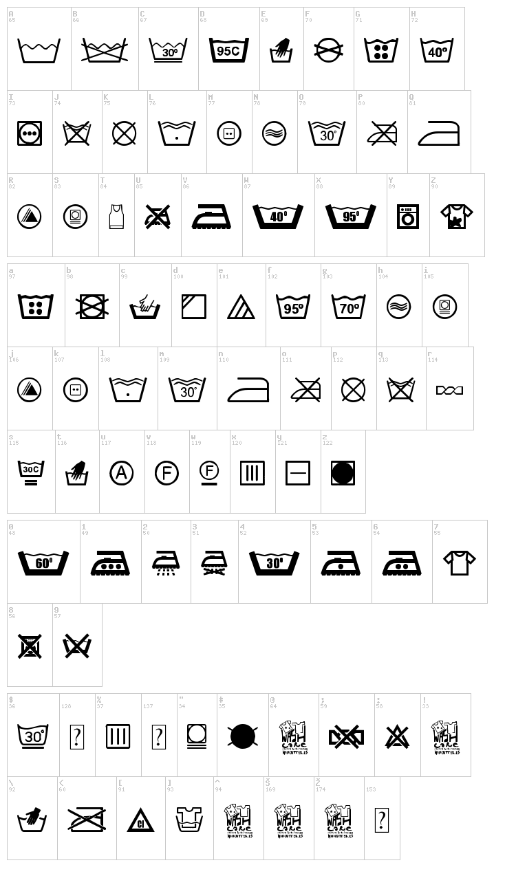 Wash Care font map